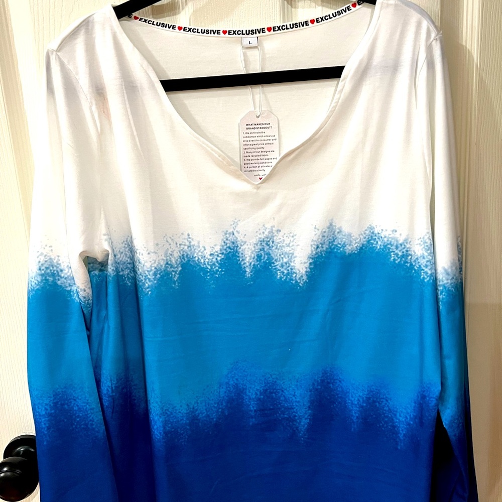 Woman’s blue and white Ombré top, long sleeves and off center V- neck. NWT